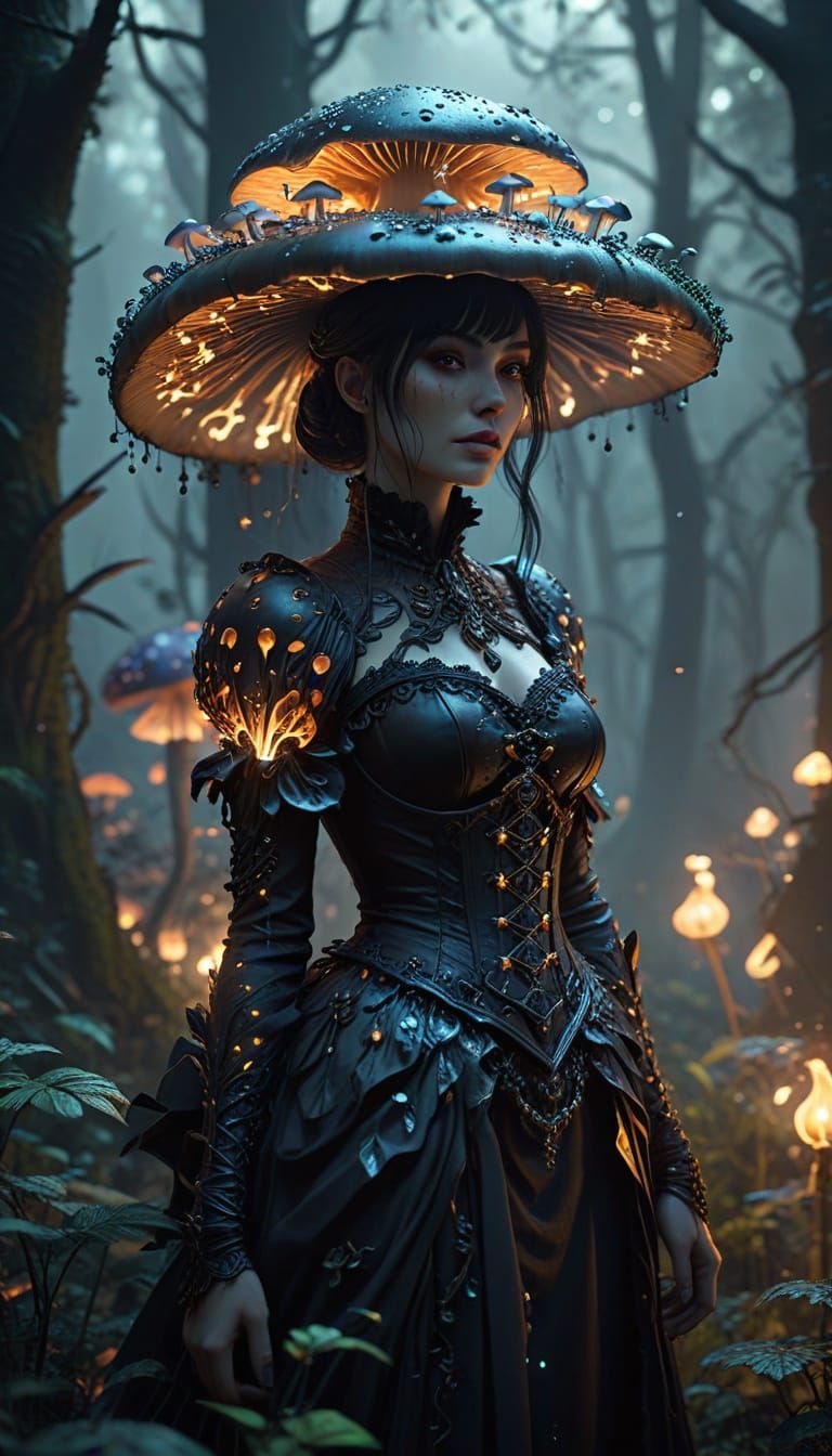 Gothic Femme Fatale in a Dark, Mystical Forest