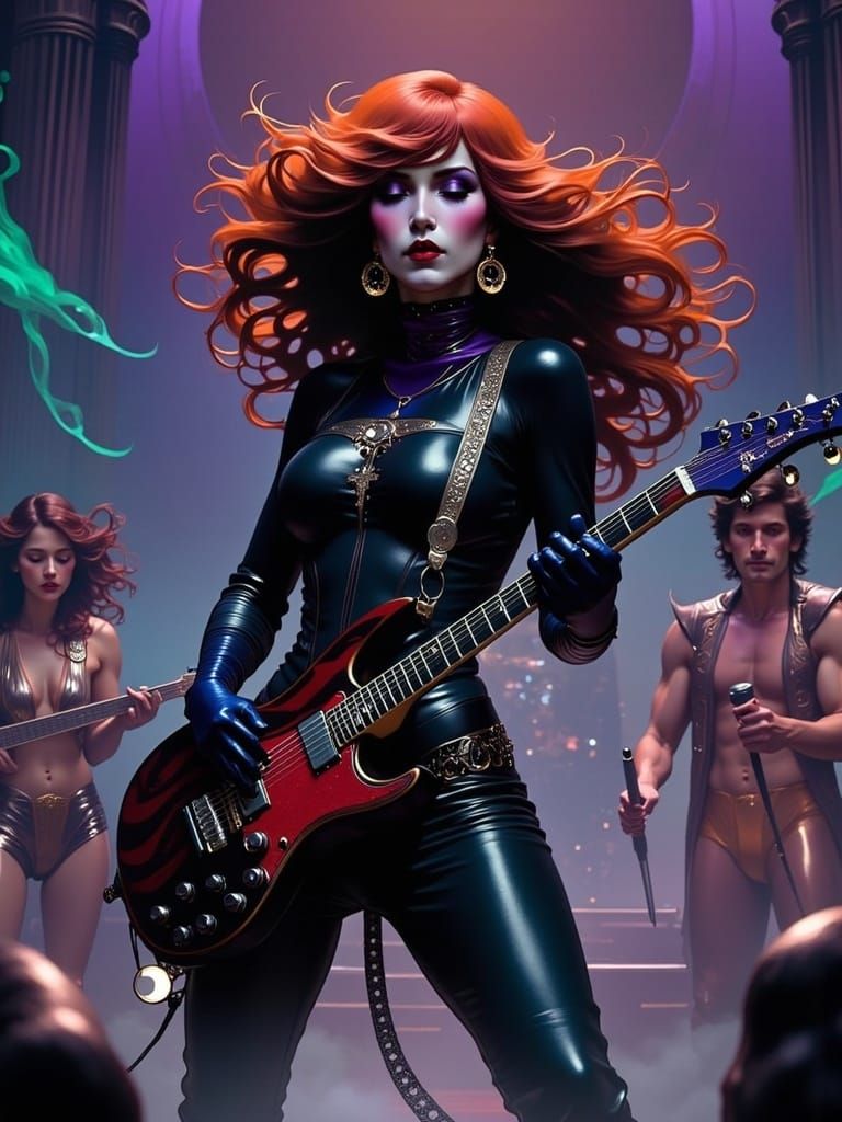 Evil-Lyn Shreds Guitar on Stage in Elegant Art Nouveau Style