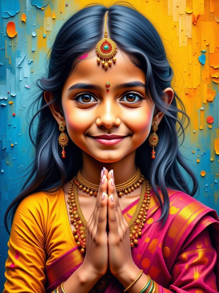 Indian Girl's Hands Performing Namaste in Impasto Style