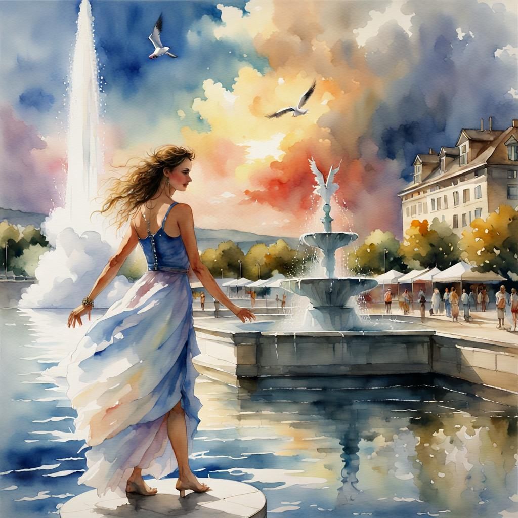Geneva Harbor Sunset: Watercolor Fountain with Rainbow Color...