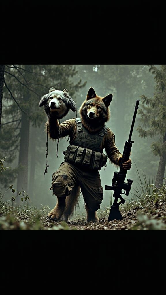 Wolf Warrior Celebrates Victory in Mist-Shrouded Forest