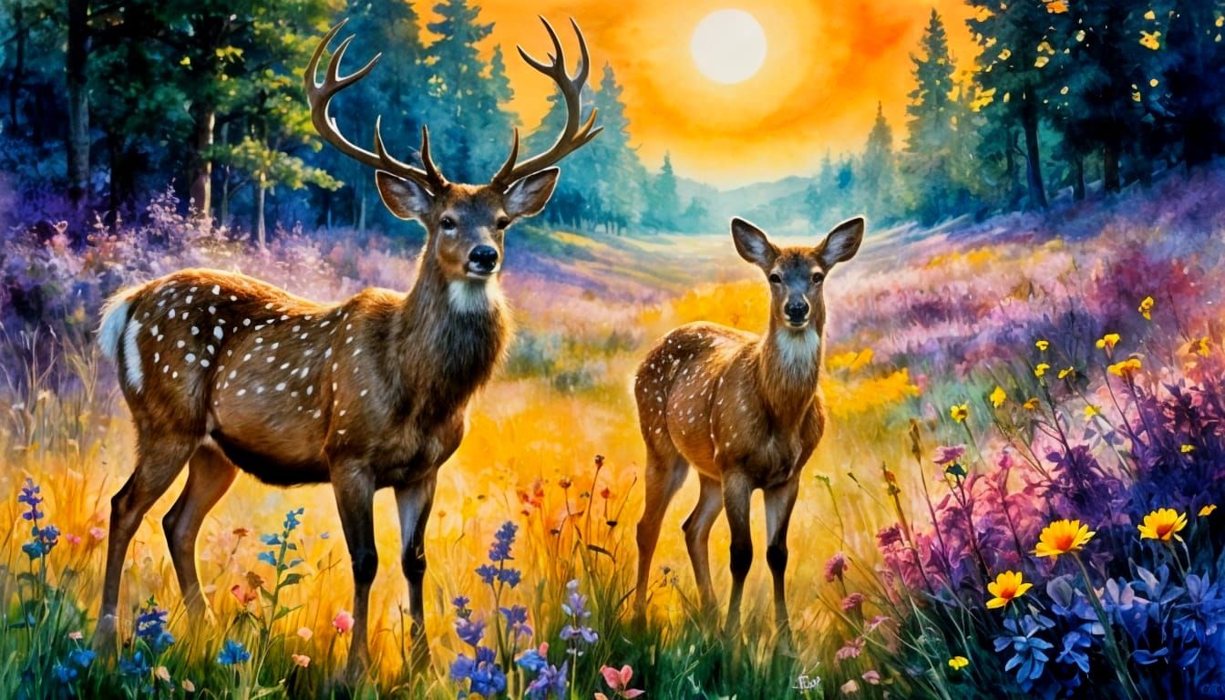 Deer Meeting in Magical Meadow: Watercolor Painting