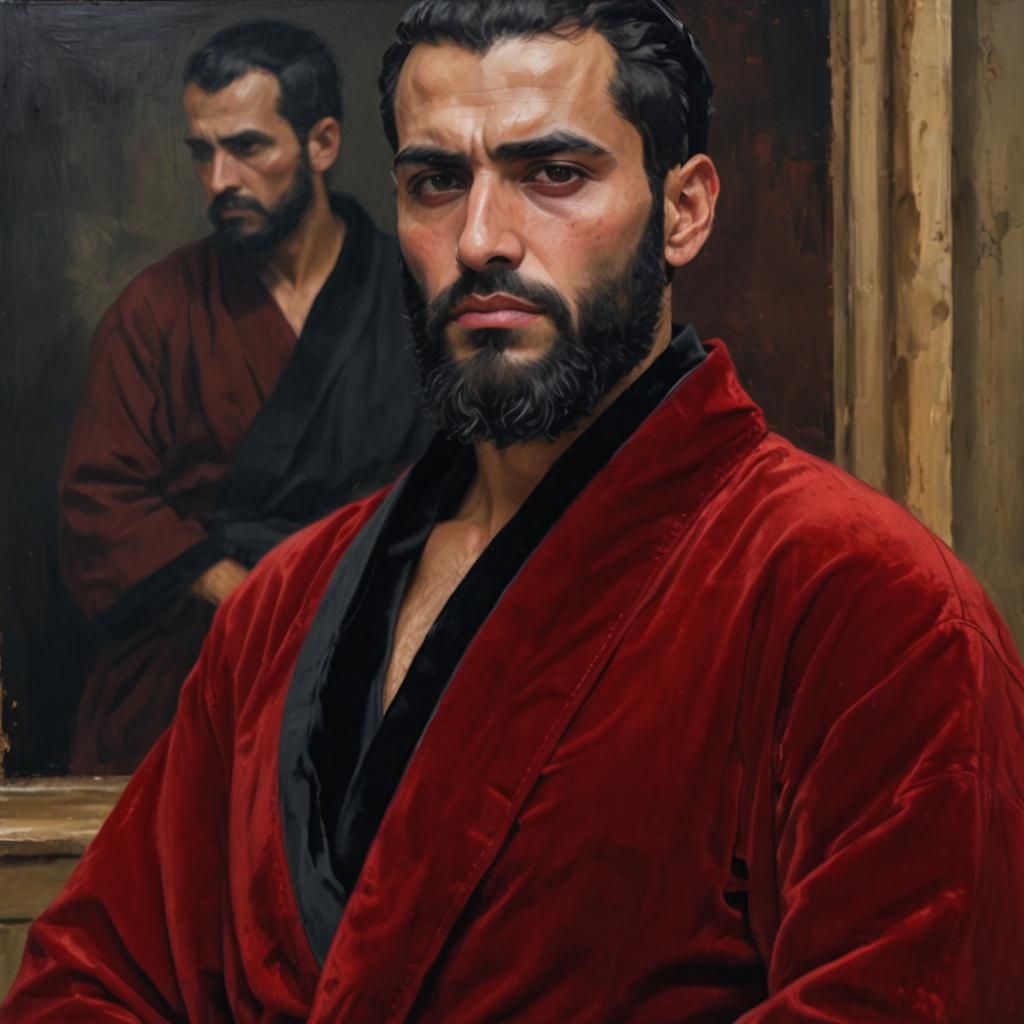 Arab Man in Red Velvet Bathrobe as Impasto Painting