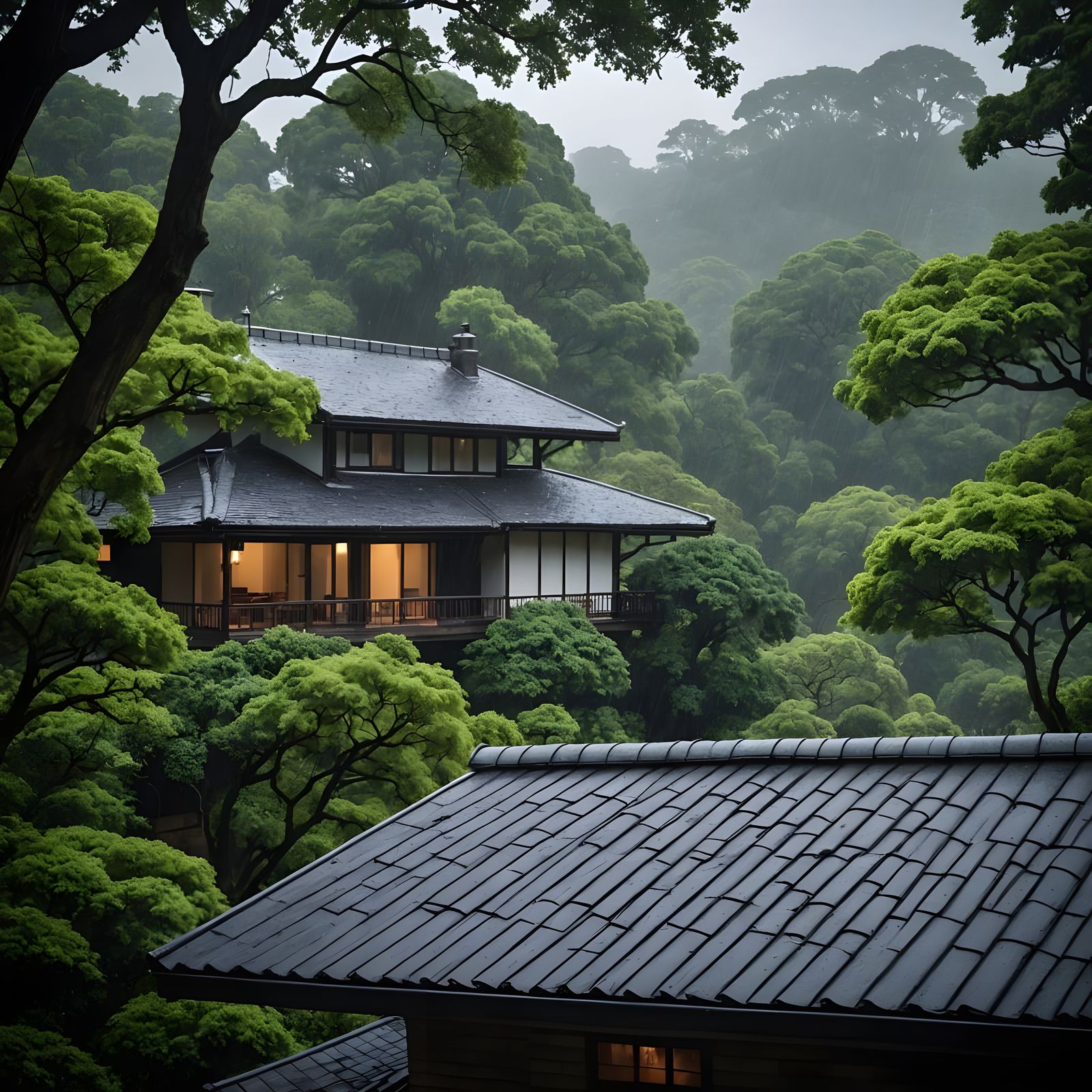 Rainy Roof: Serene Photorealistic Scene