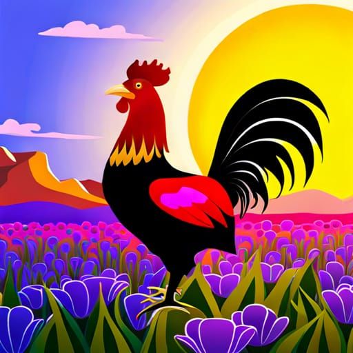 Fairytale Rooster Crows at Sunrise in Magic Landscape