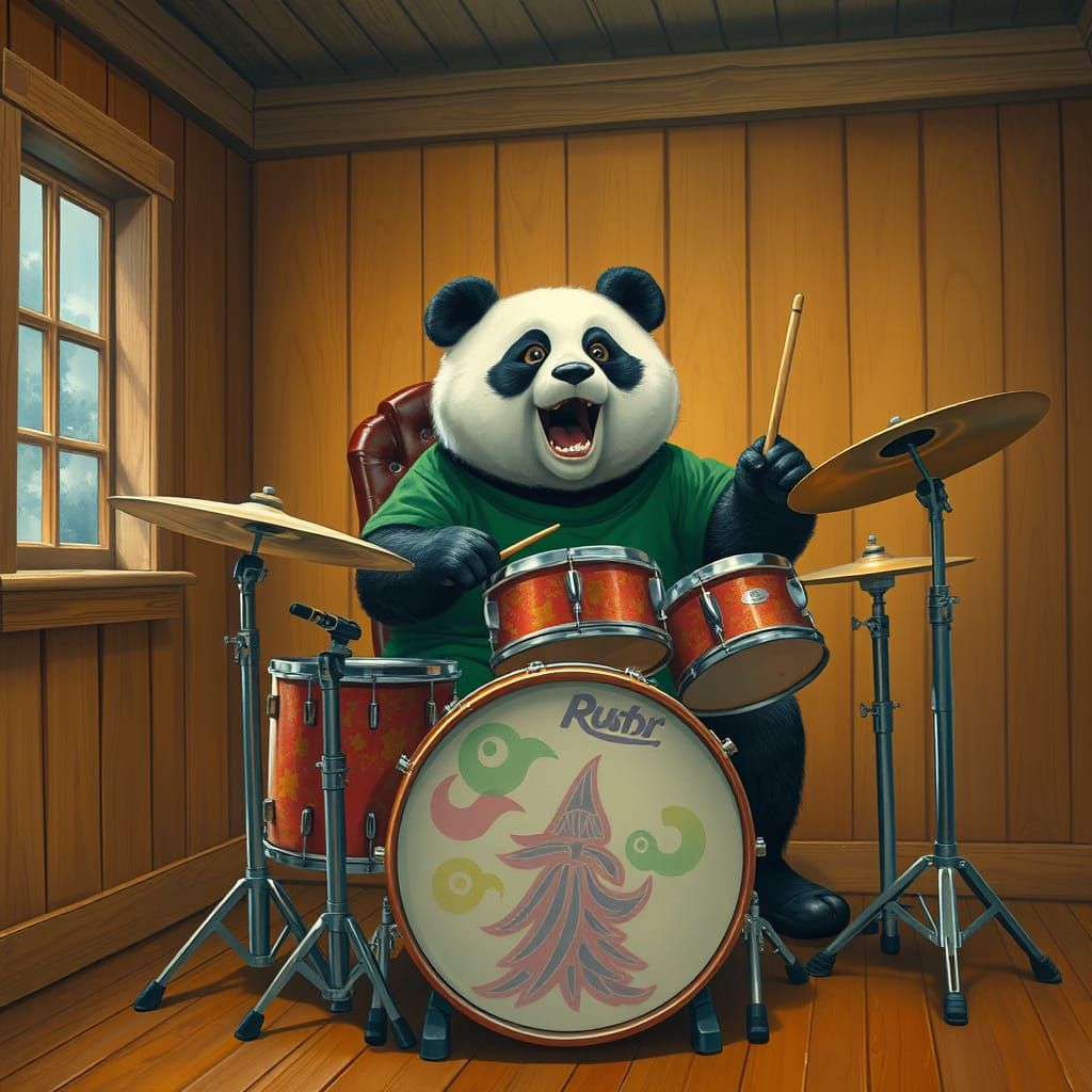 A painting of a plump panda bear with a very excited express...