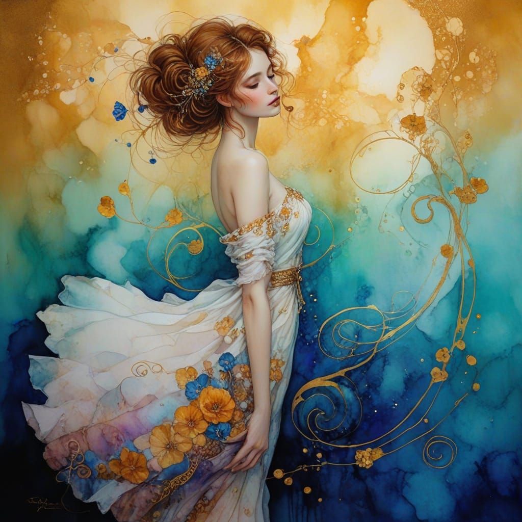 Coy Figure in Alcohol Ink Style