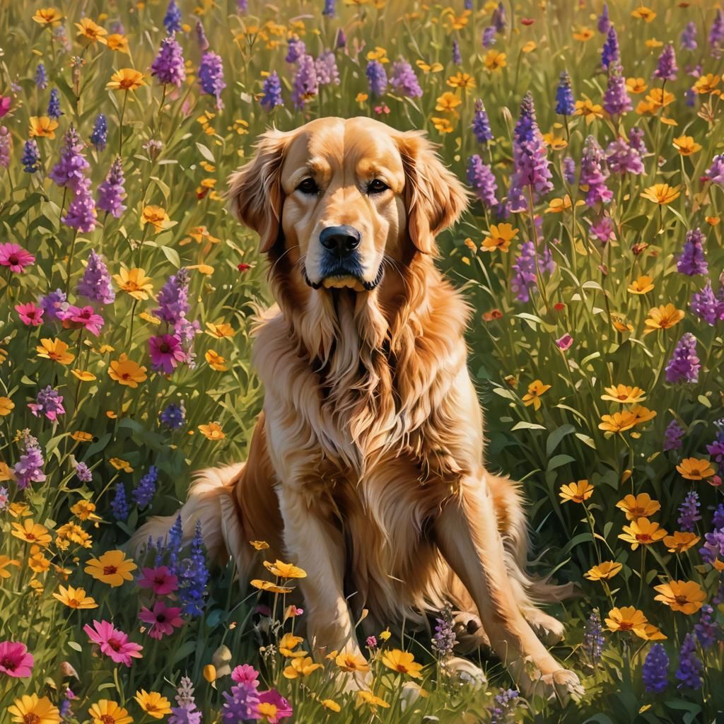 Golden Retriever in Wildflower Field: Fantasy Concept Art