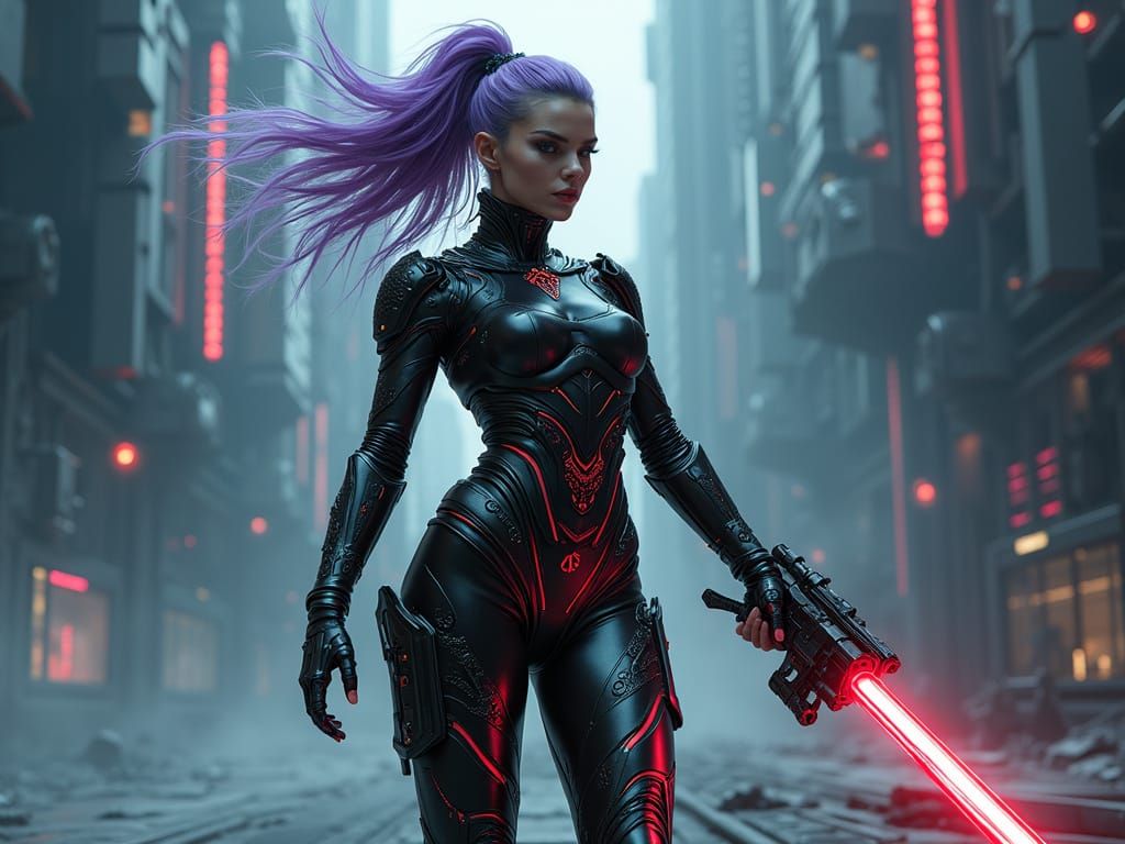 Cyberpunk Warrior Woman in Biomechanical Exosuit