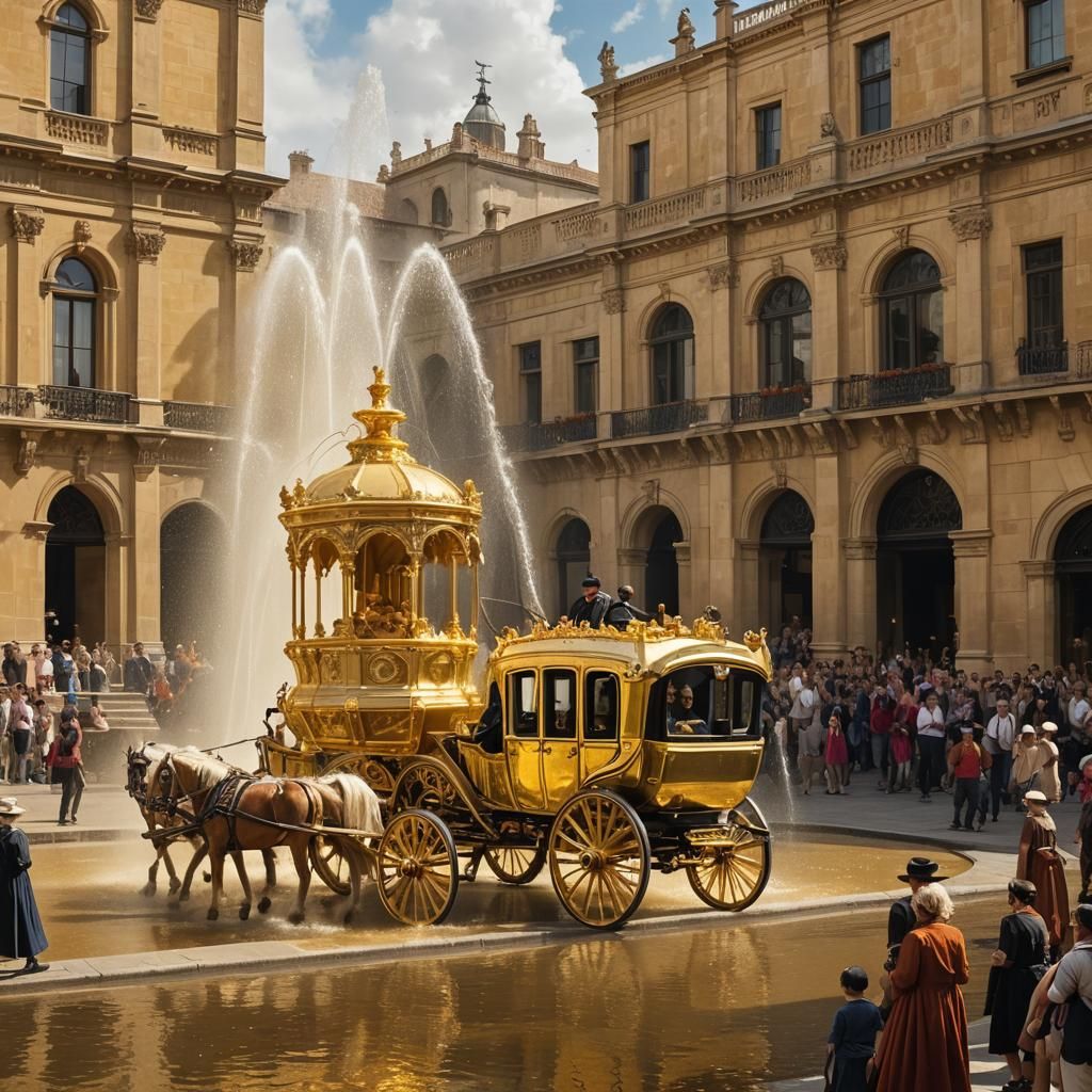Golden Stagecoach Passing a Gilded Fountain