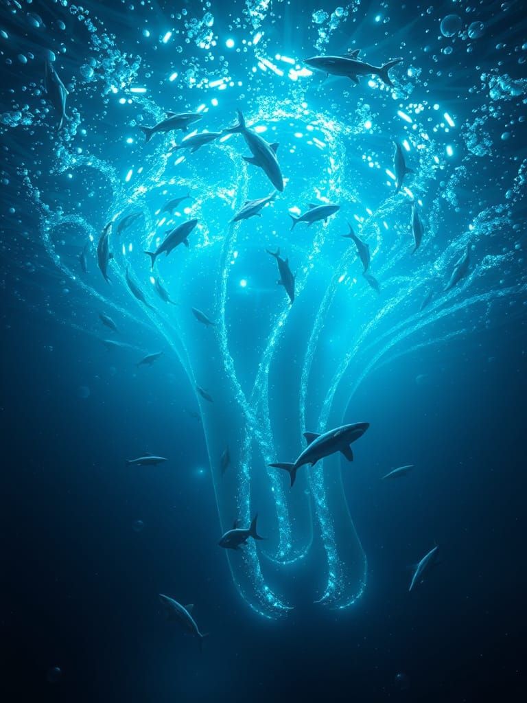 Neon Vortex of Great White Sharks Ascends from the Deep