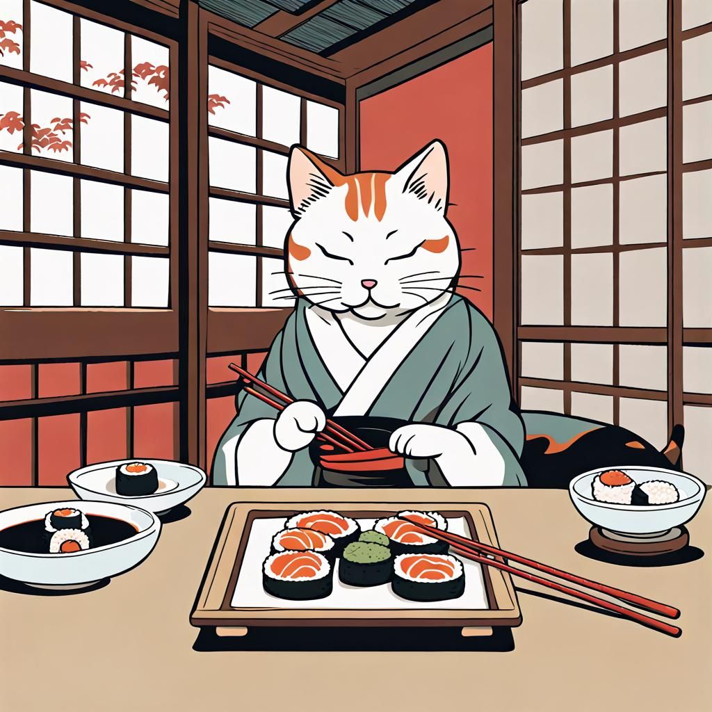 Cat Eating Sushi in Ukiyo-e Style Vector Art