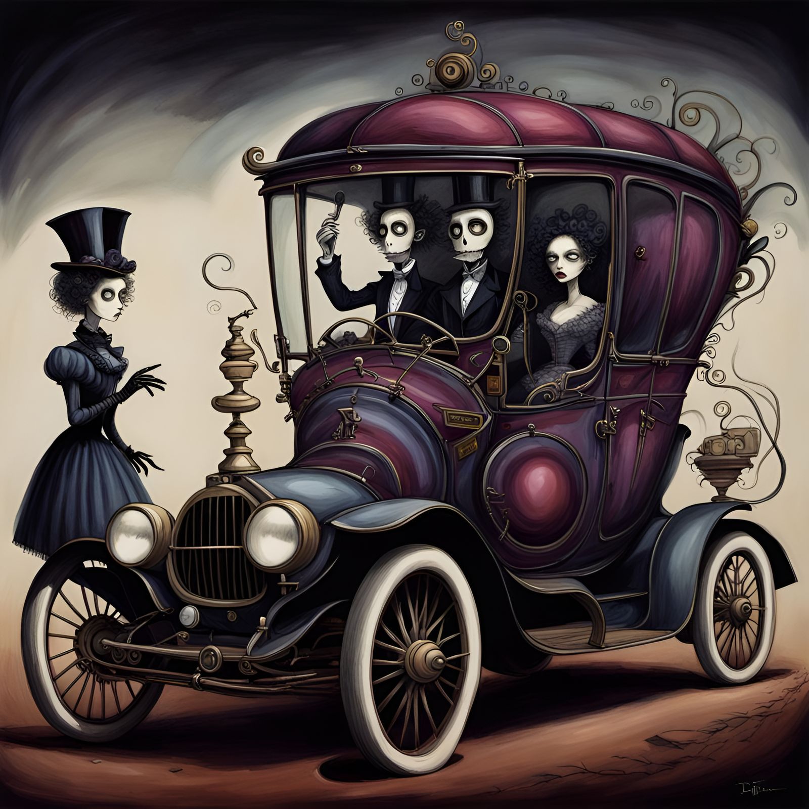 Surreal Car in Tim Burton Style Illustration