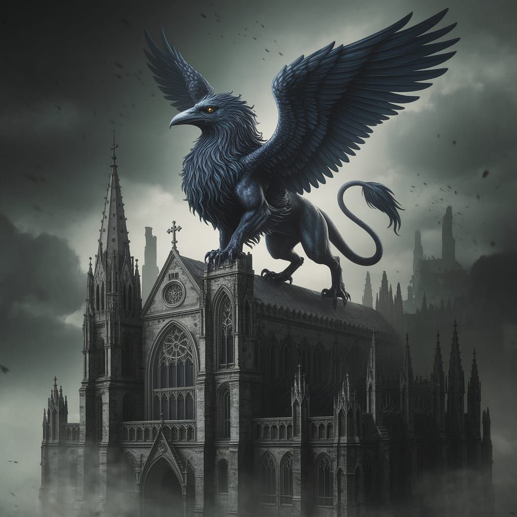 A heraldic chimera with the head of a raven, the body of a l...