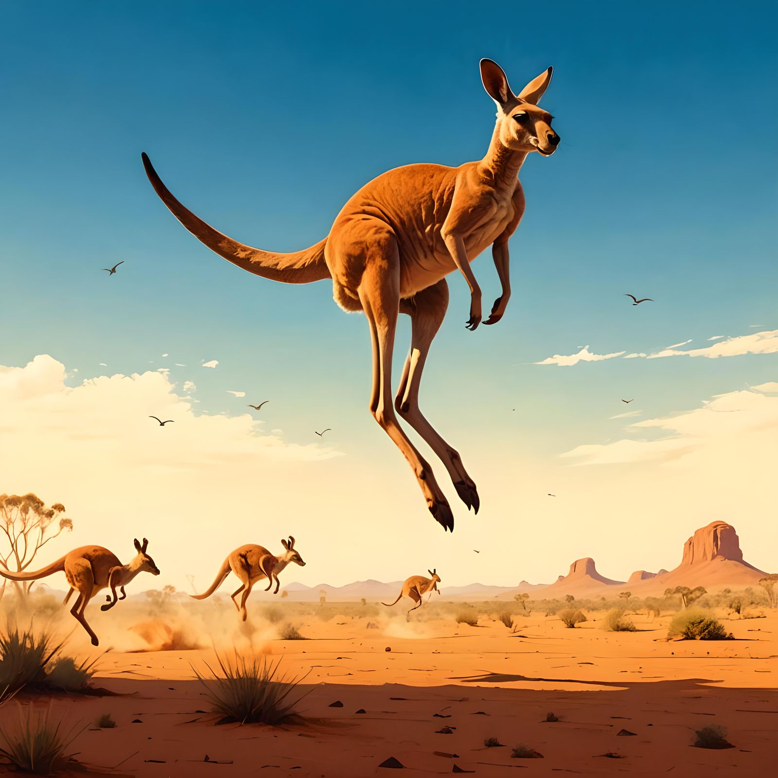 A kangaroo mid-air, captured in a powerful leap across the A...