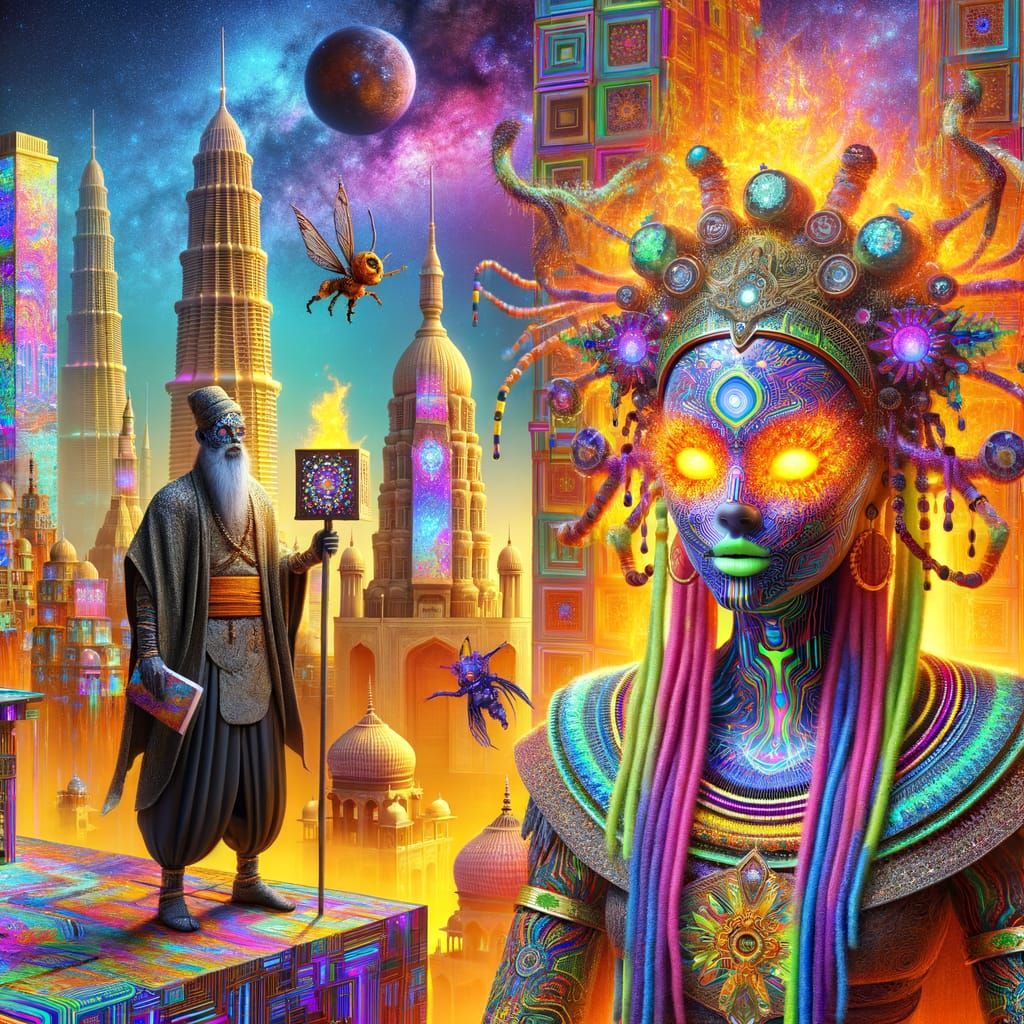 Neon Goddess and Anubis Confront Dragon Skeleton