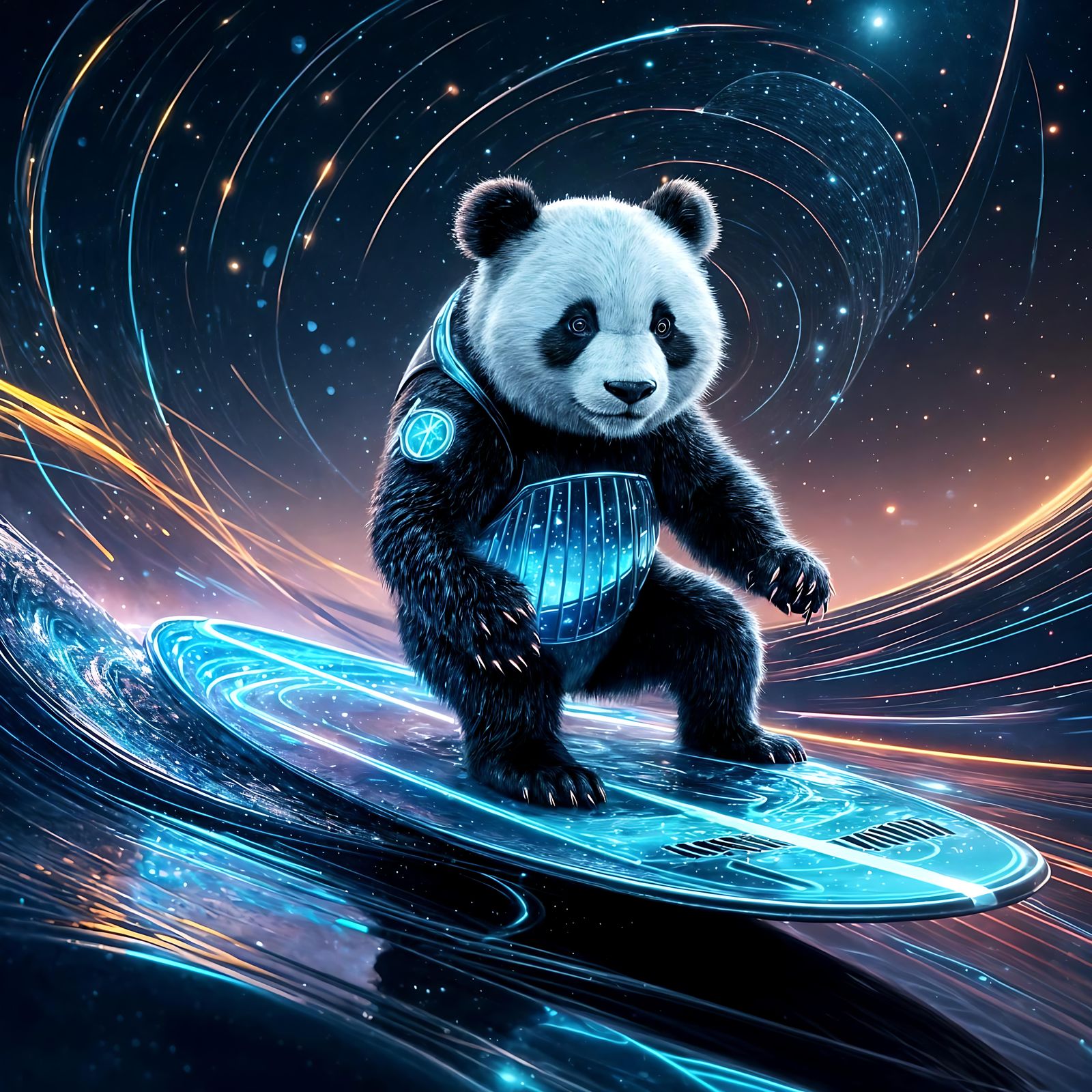 Panda Surfing Stardust Wave in Futuristic Style