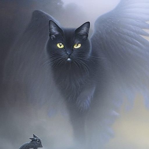 Ethereal Black Cat with Wings in Fantasy Landscape