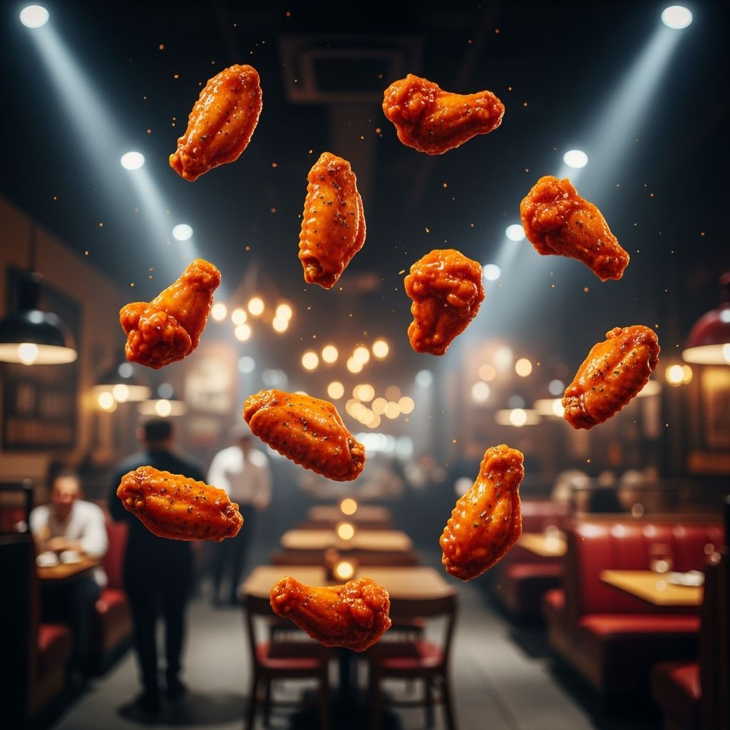 Buffalo Wings Soar in Busy Restaurant: Cinematic Photo