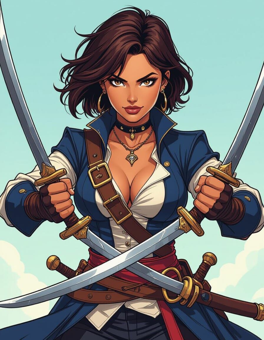 Female Pirate with Swords in Comic Book Style