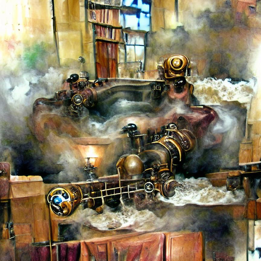 Painting of steam rising out of the bath in a steampunk sett...