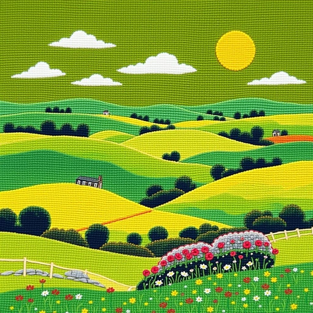 Whimsical English Countryside in Vibrant Needlepoint Style