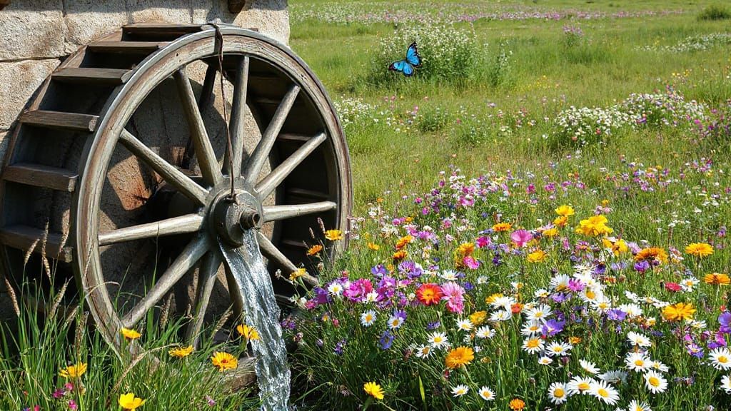 Majestic Waterwheel in a Vibrant Wildflower Meadow