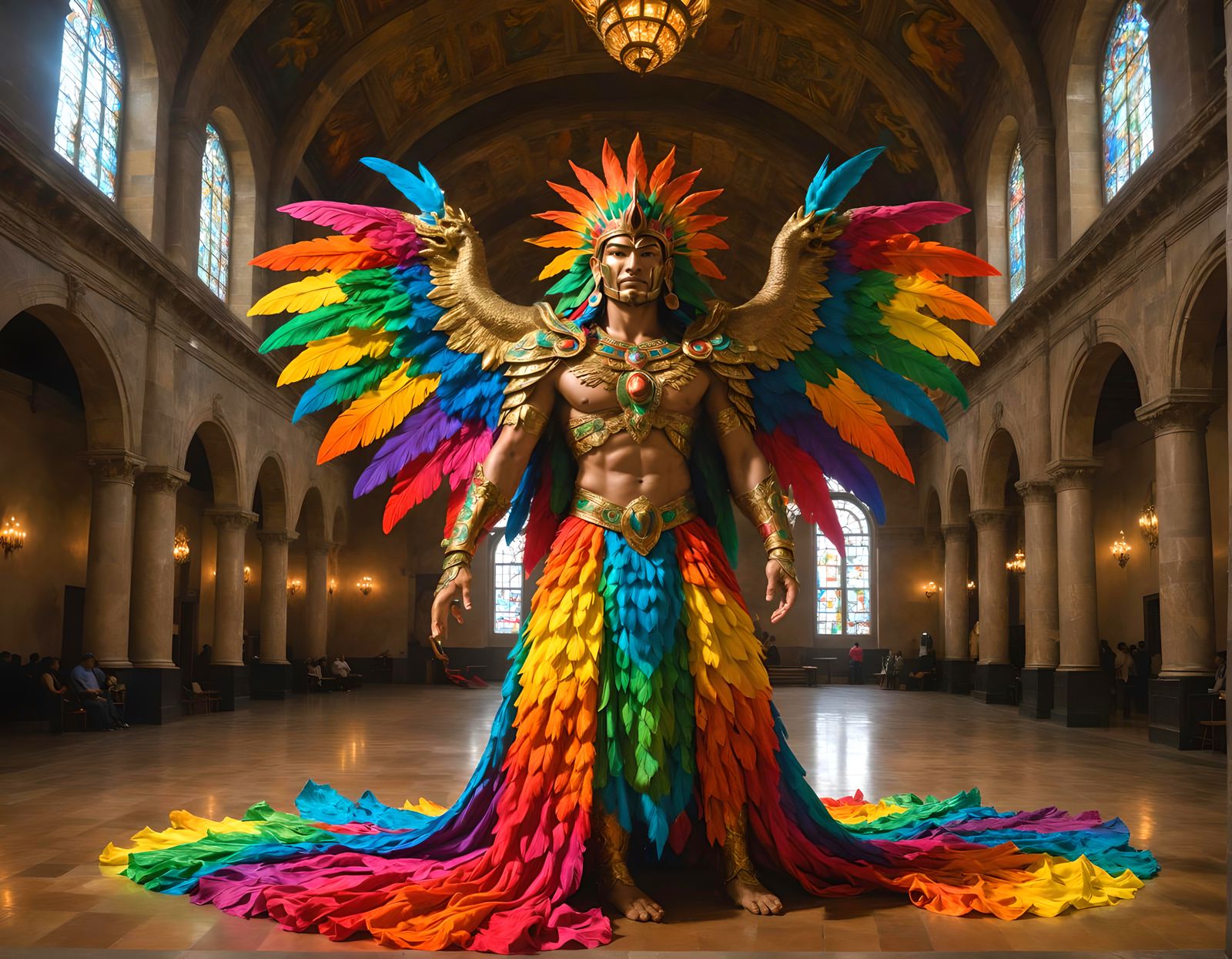 God of Wisdom in Vibrant Damask and Golden Armor