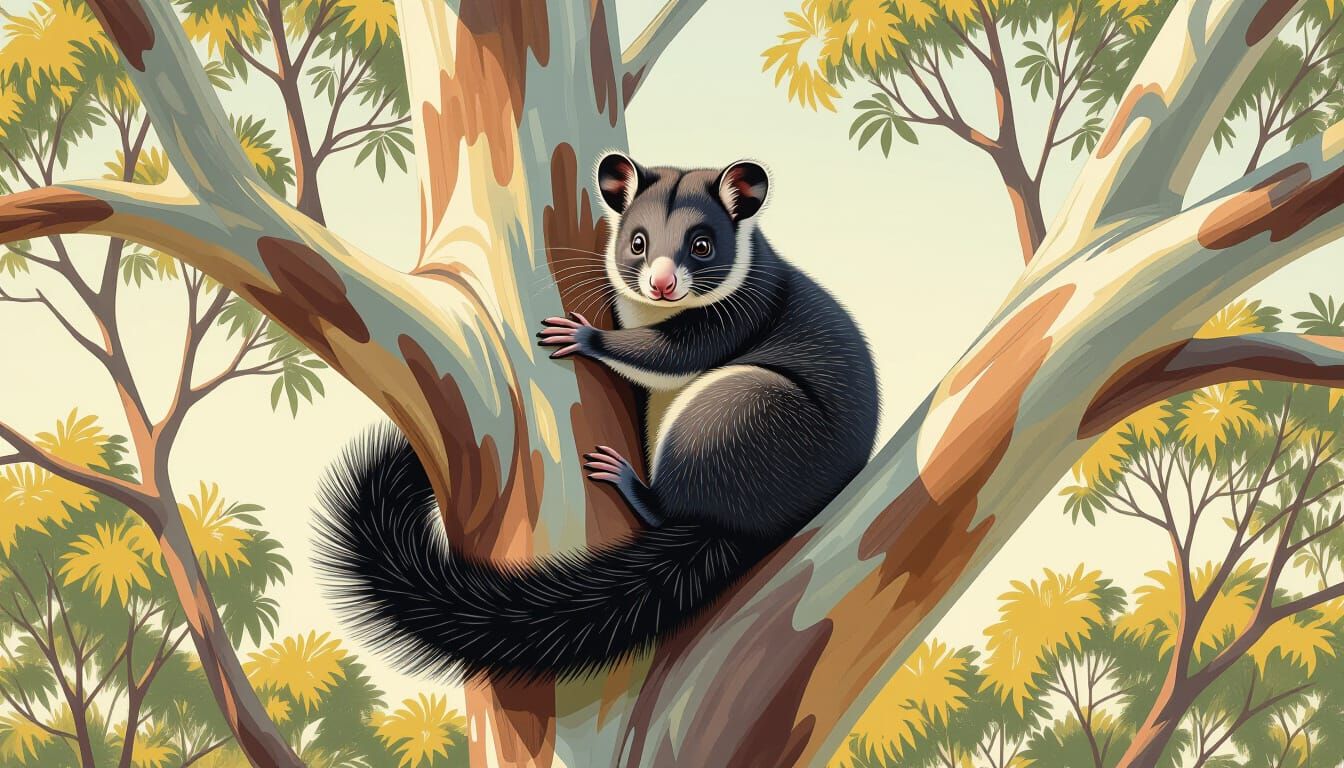 Brushtail Possum in Eucalyptus Tree, Whimsical Illustration
