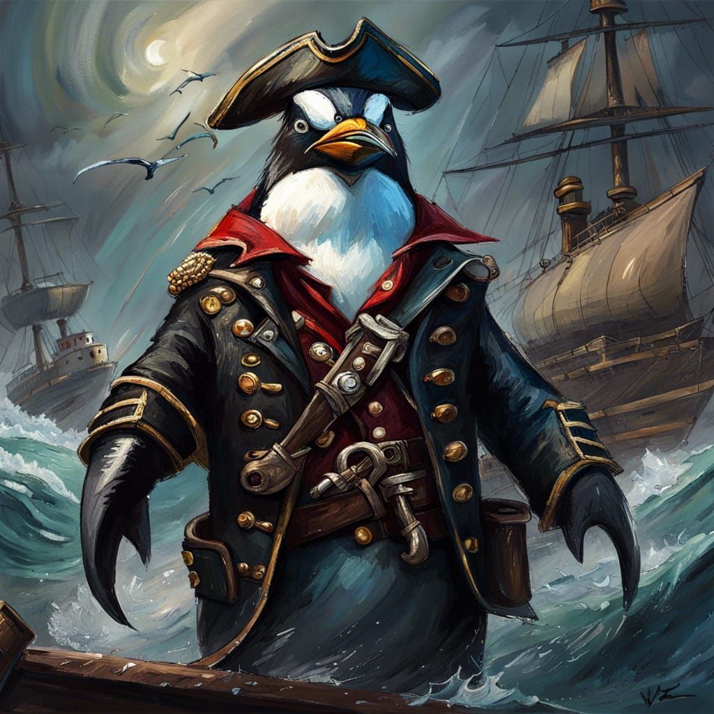 Penguin Pirate Leads Fleet: Impasto Oil Painting