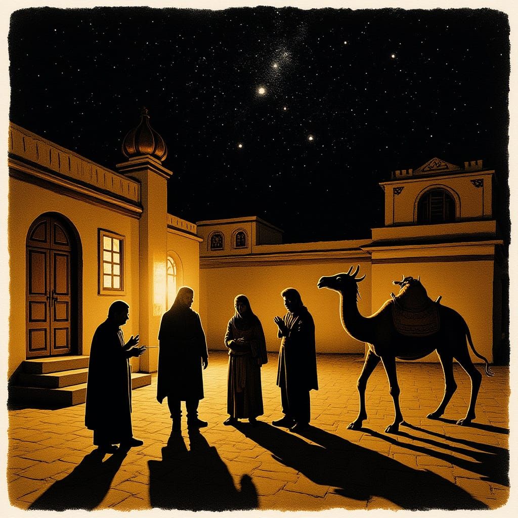 Pakistani Family Gathering in Ink Wash Style