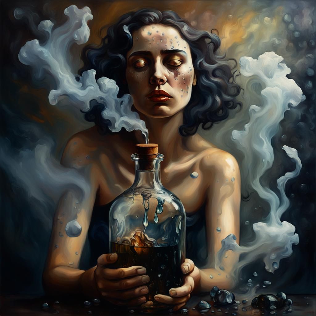 Surrealist Woman Emerging from Broken Bottle, Oil on Canvas