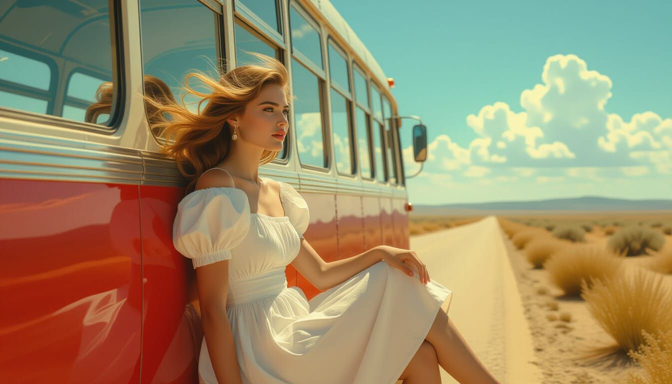 Surreal Woman on Bus in Dreamlike Realism