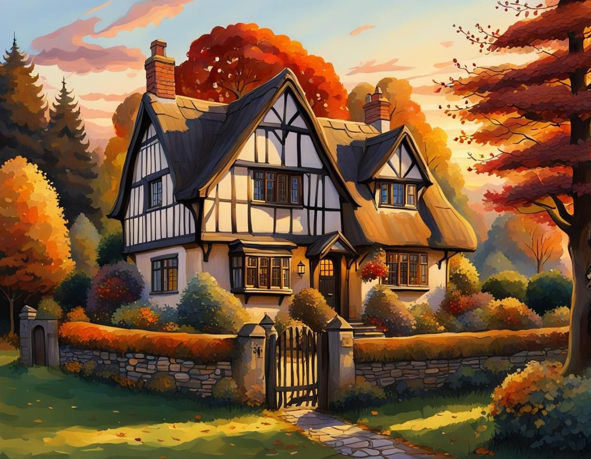 Cozy Tudor Cottage in Autumn: Klimt-Inspired Gouache