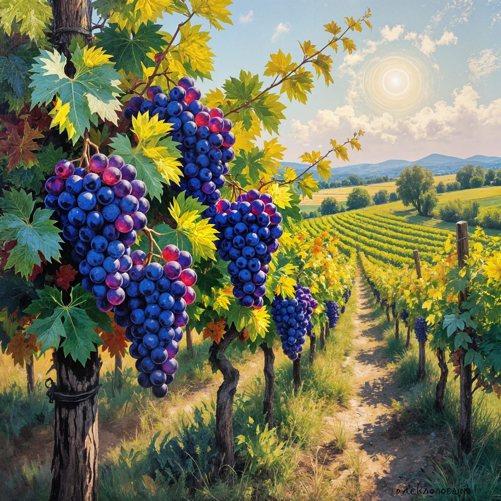 Backlit Grapevine with Blue and Violet Grapes