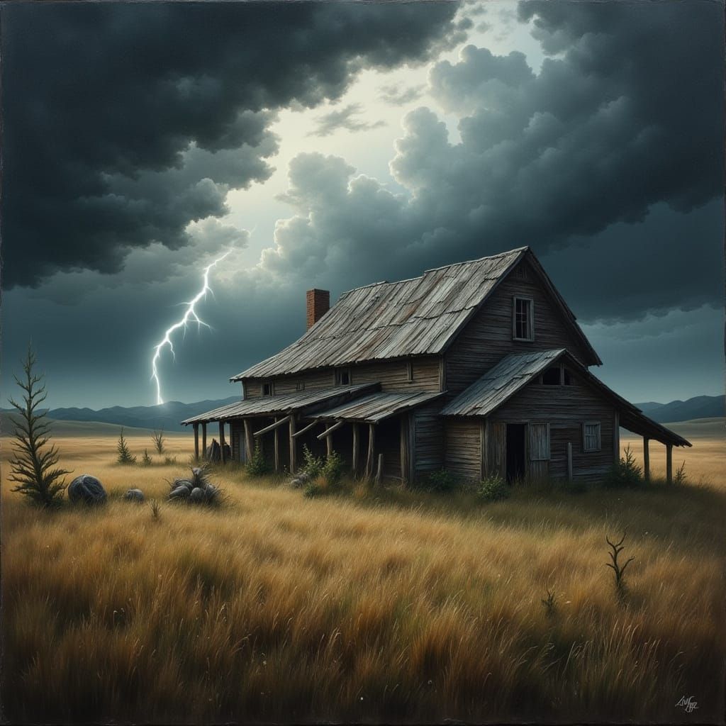 Rustic Ranch House Under Stormy Sky with Dramatic Light