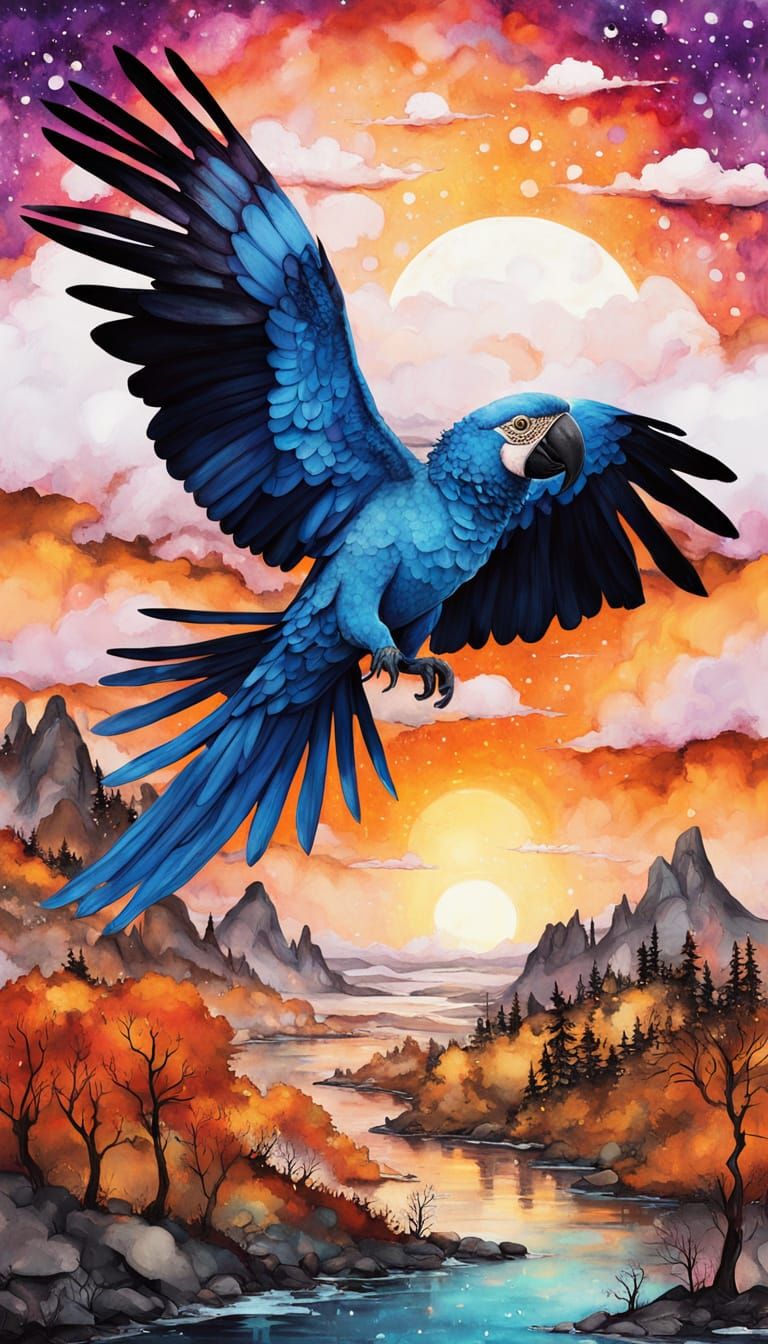 Ethereal Parrot in Alcohol Ink and Watercolor Landscape