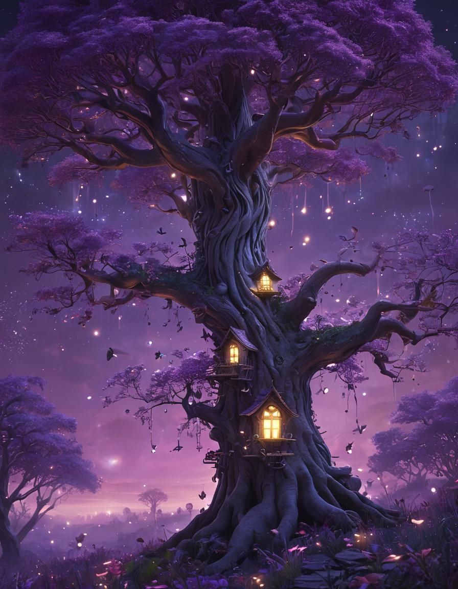 Magical Fairy Tree at Night in Purple Glade