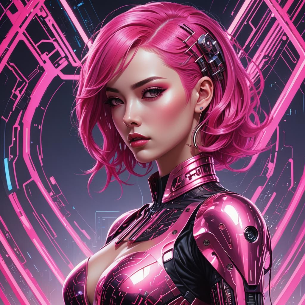 Cyberpunk Woman with Pink Hair Digital Illustration