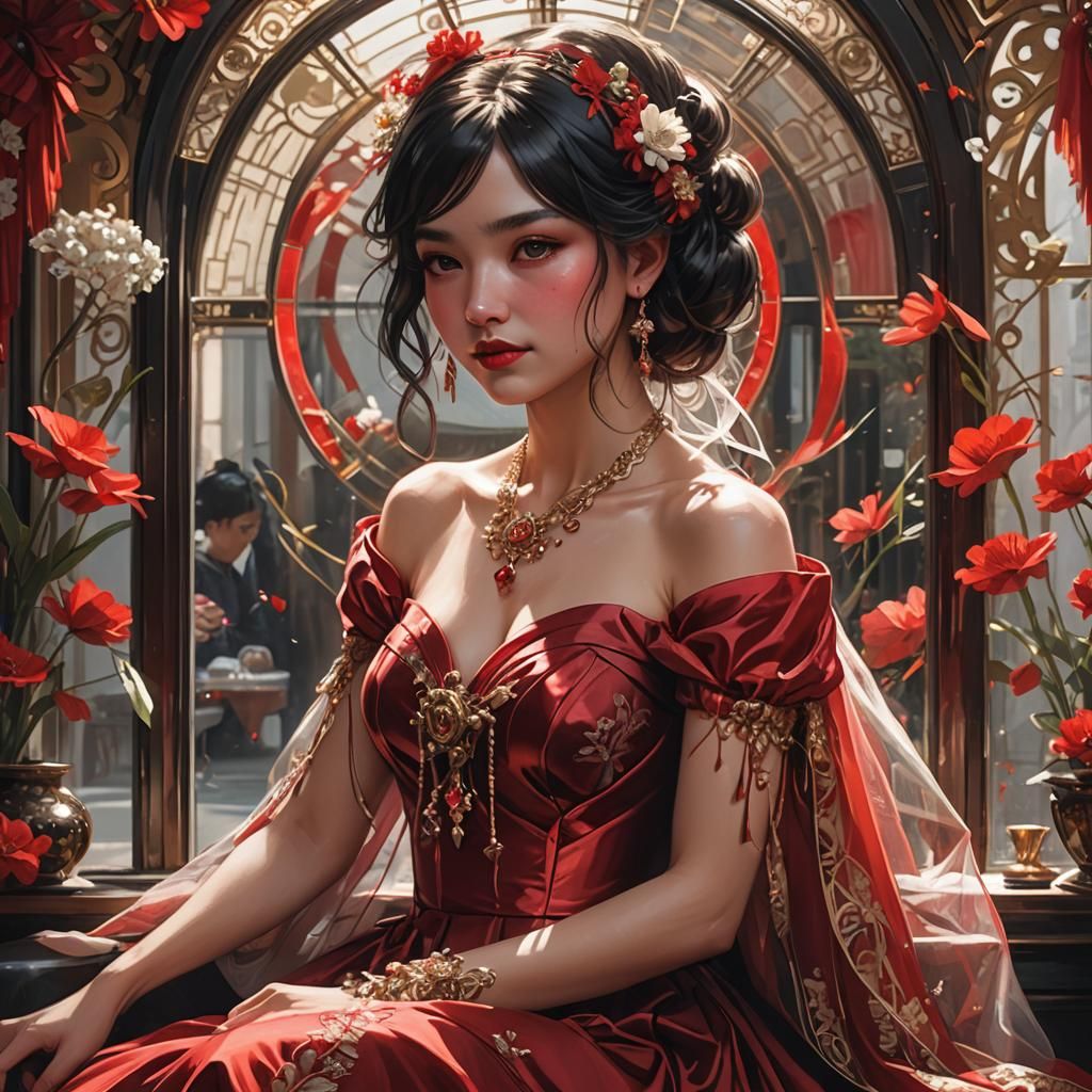 Woman in Red Dress with Veil, Hyperdetailed Art