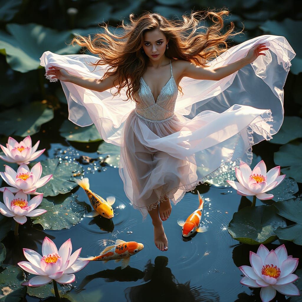 Ethereal Woman Levitating Above Lotus Pond