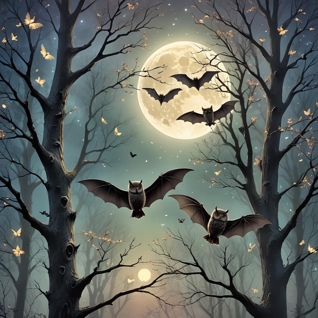 Cute owl-bats flying in the moonlight