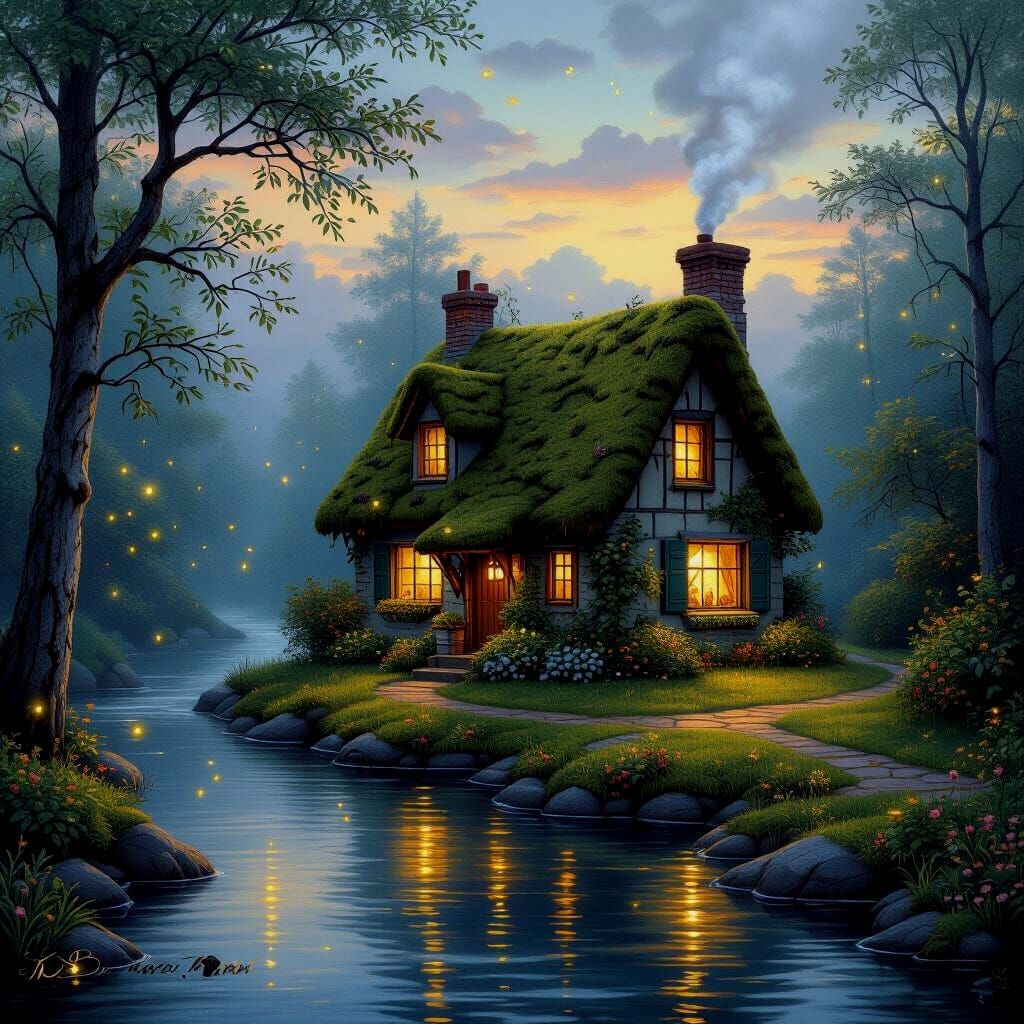 Enchanting Cottage by River at Twilight