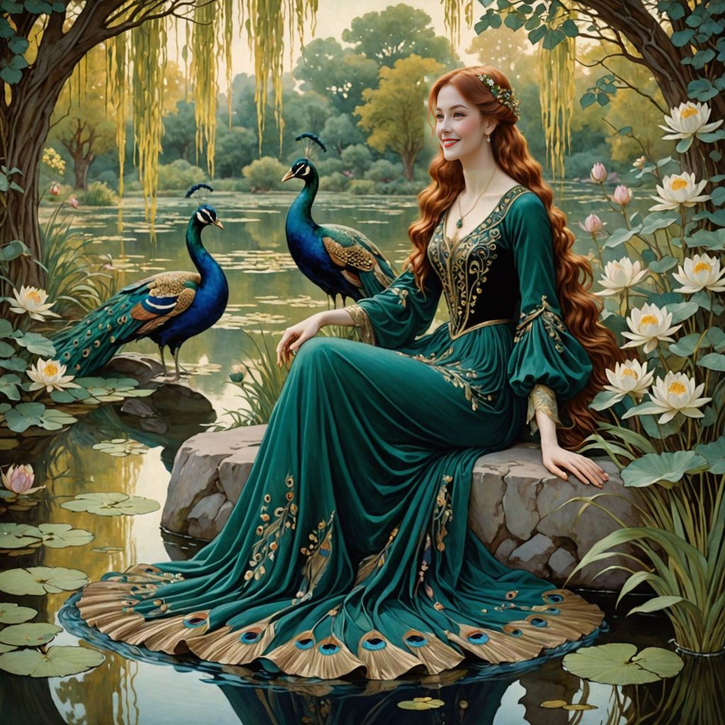 Art Nouveau Woman and Peacock by Pond