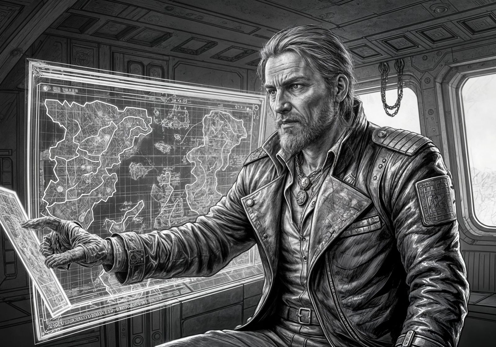 Space Pirate Captain Contemplates Map: Pencil Sketch
