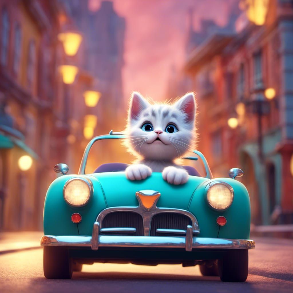 Kitten Driving a Cabriolet, Pixar-Style 3D Art
