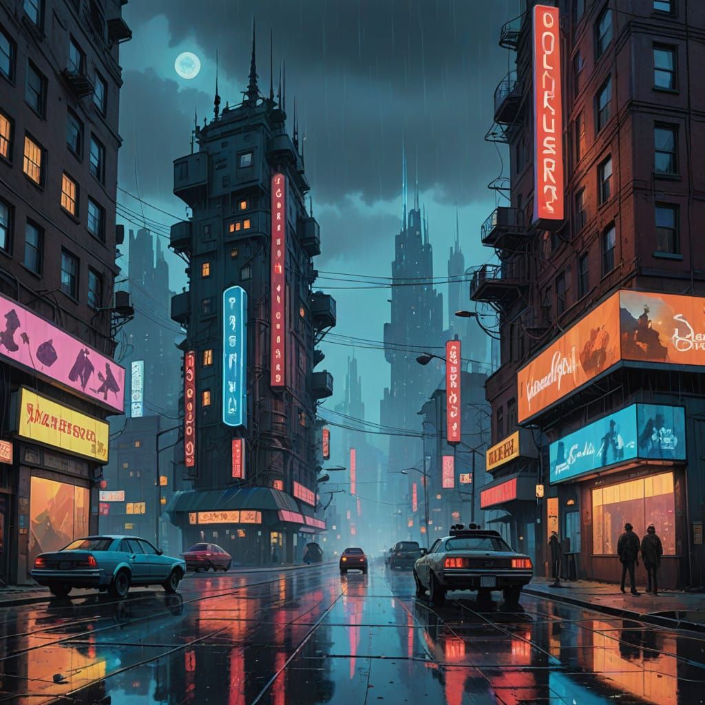 Cyberpunk Dystopian Castle Amidst a Rainy Metropolis