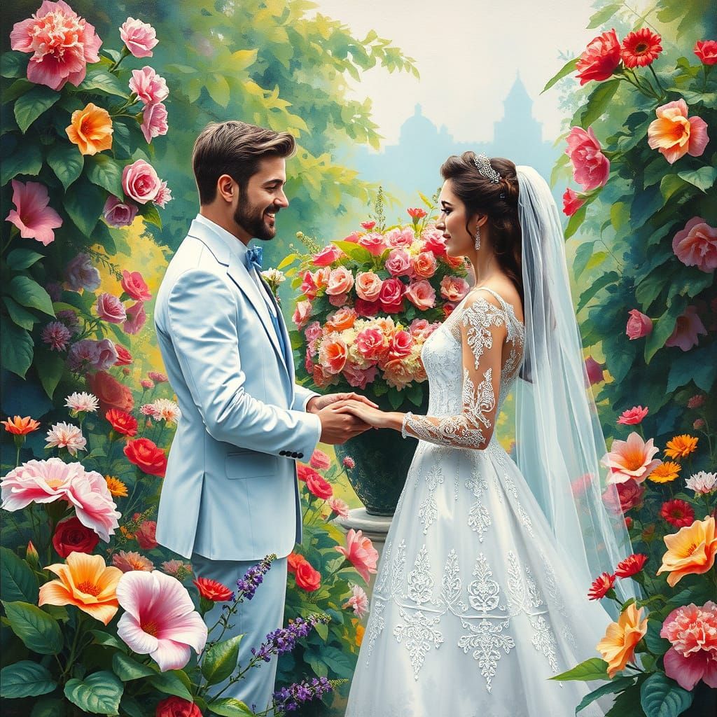 Elegant Couple Exchanging Vows in a Vibrant Garden