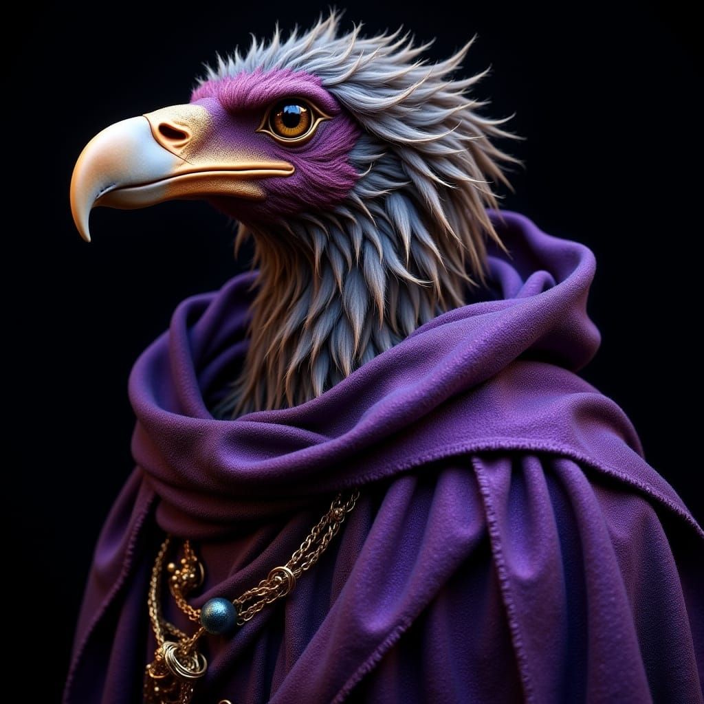 Regal American Condor in Worn Purple Robe with Alchemy Symbo...