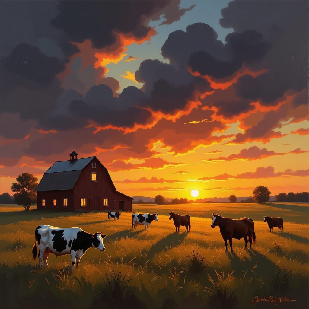 a quaint farm at sunset